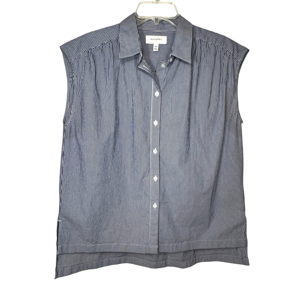 Banana Republic Oversized Poplin Shirred Shirt Womens M Mini Stripe Blue White
